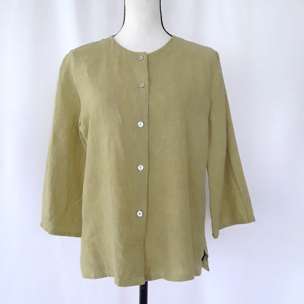 Vintage 1990s Avocado Green Linen 3/4 Sleeve Blouse